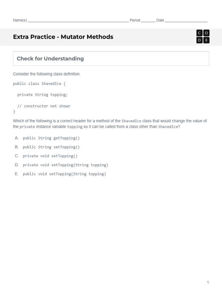 Mutator Methods Practice Exercises | PDF