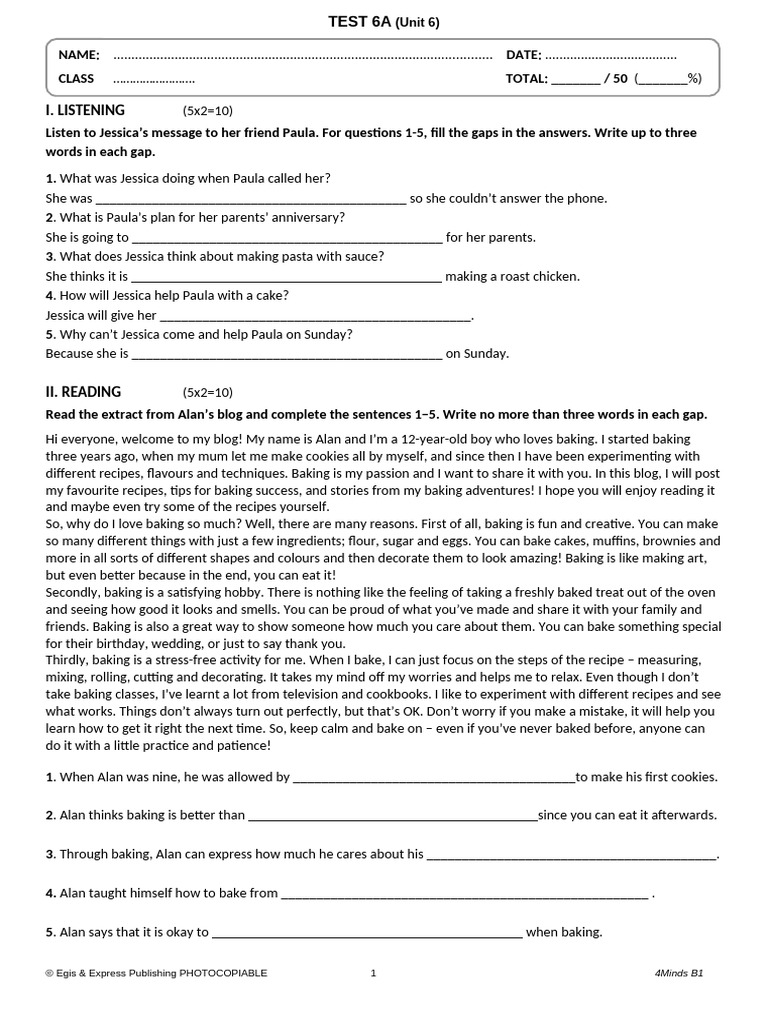 4 Minds B1 Unit 6 Test | PDF | Baking | Cakes