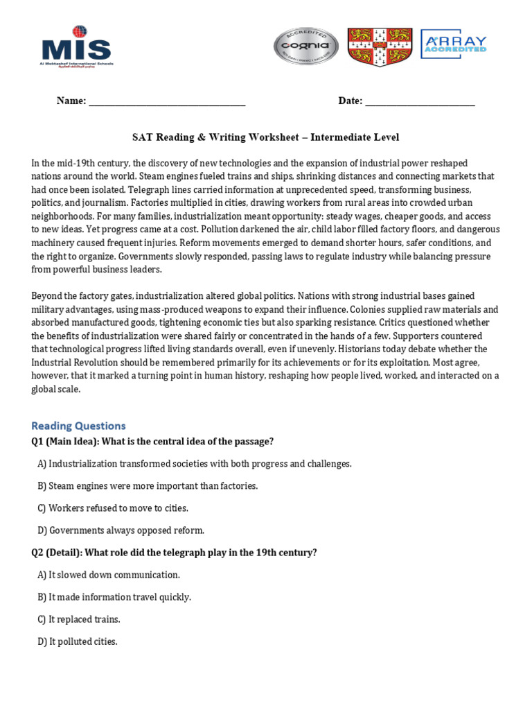 SAT Reading & Writing: Industrialization Insights | PDF | Industrial ...