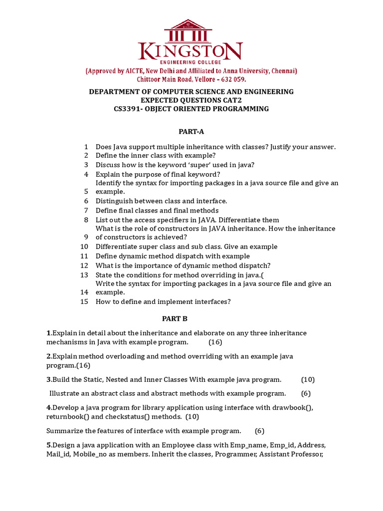 OOP CAT2 Expected Questions | PDF | Method (Computer Programming ...