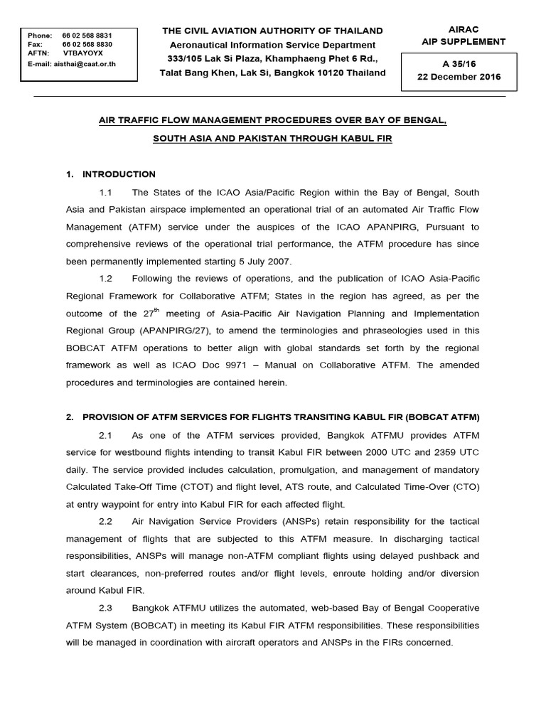 ATFM Procedures for Kabul FIR Flights | PDF | Air Traffic Control ...