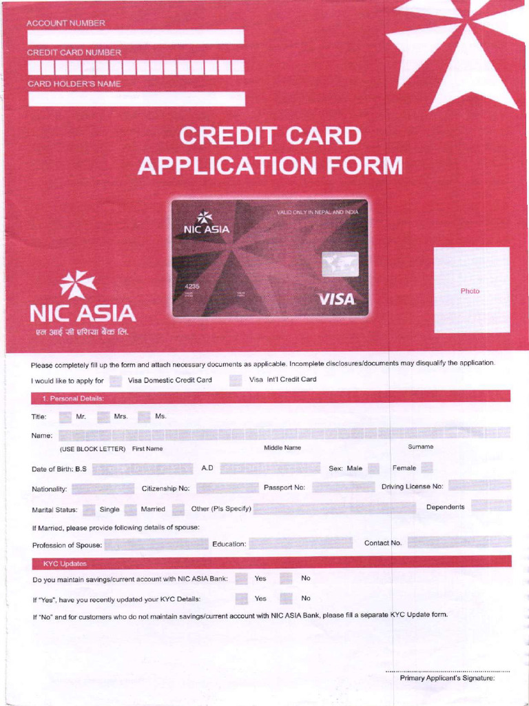 NIC Asia Credit Card Application Form | PDF | Banks | Credit Card
