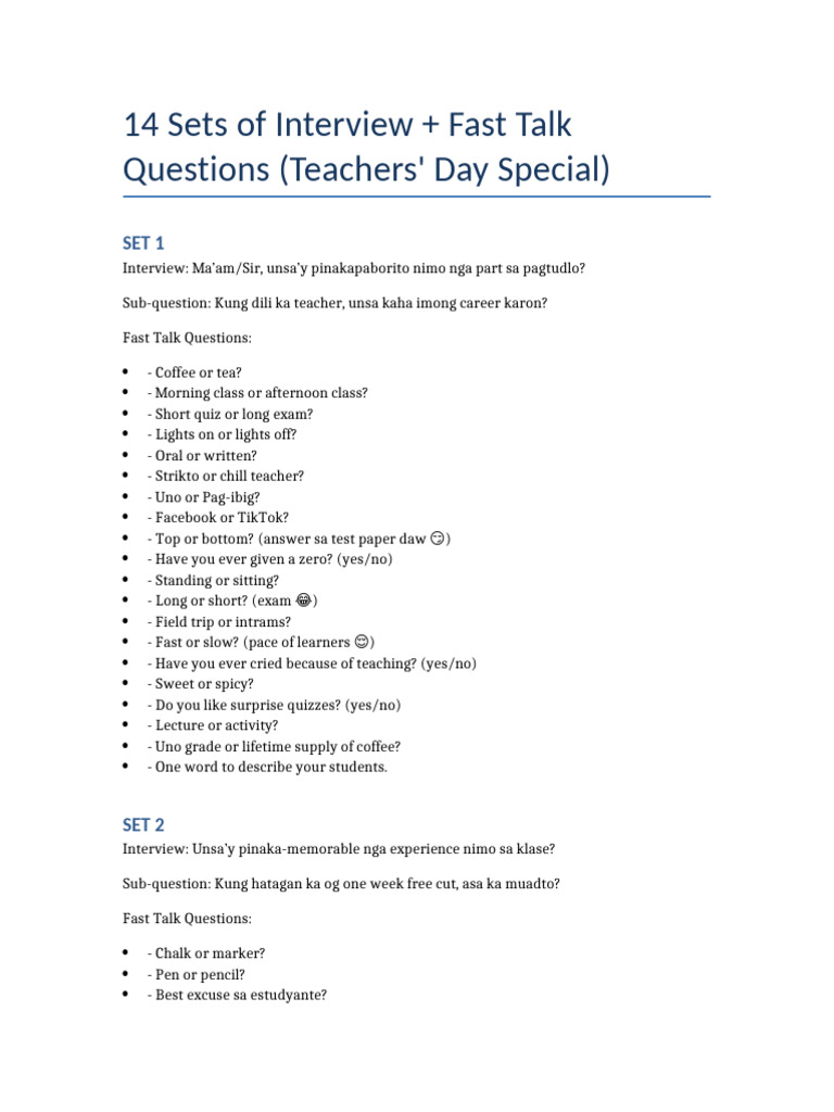 Fast Talk Questions for Teachers | PDF