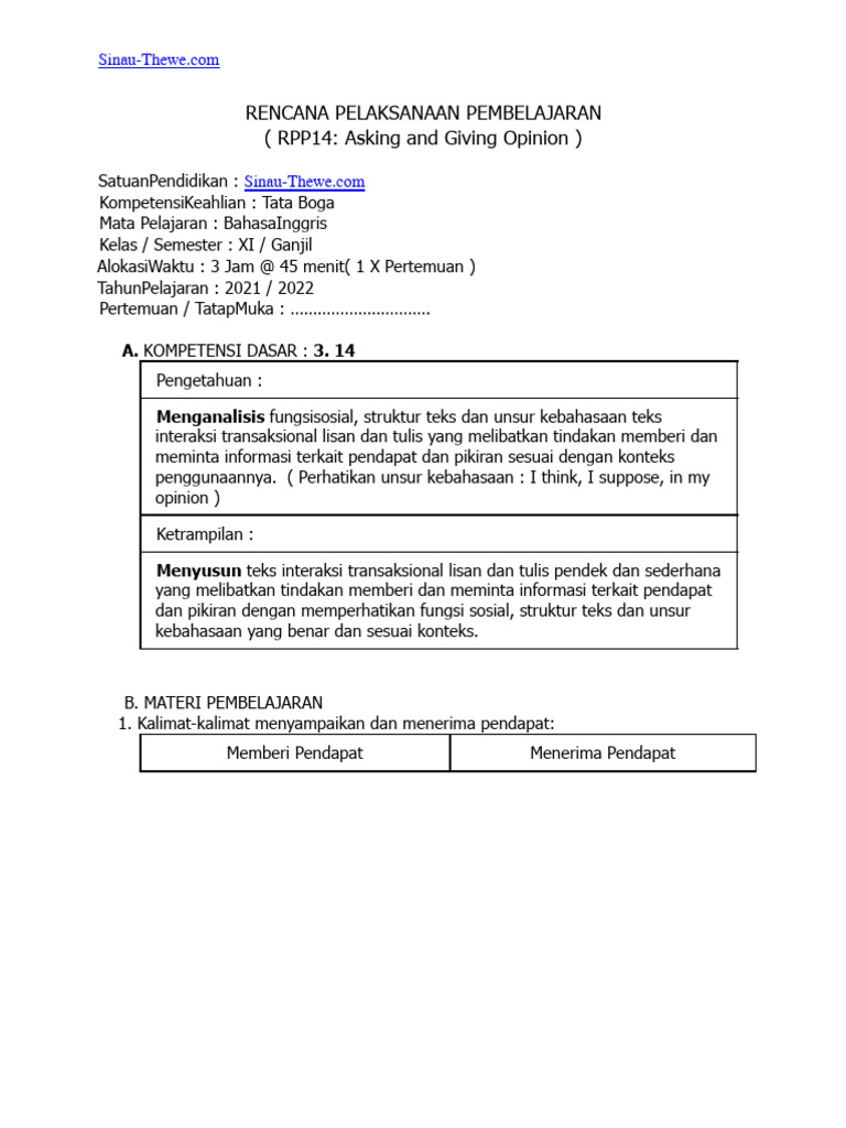 RPP Bahasa Inggris: Pendapat & Pesan Telepon | PDF