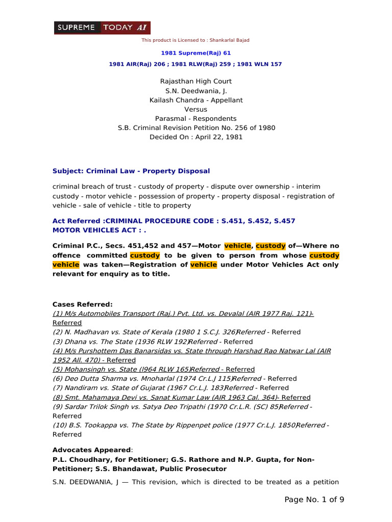 Kailash Chandra Vs Parasmal 1981 Supreme Raj 61 | PDF | Tort | Crimes