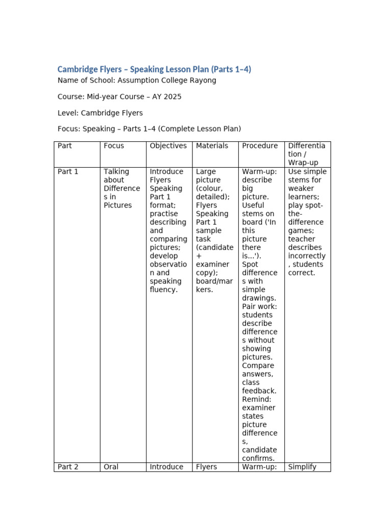 Cambridge Flyers Speaking Lesson Plan | PDF | Cognition | Cognitive Science