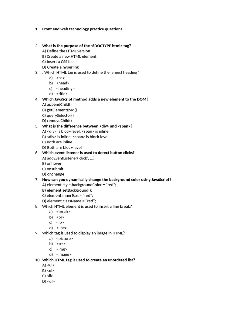 Front End Web Technology Practice Questions | PDF | Document Object ...