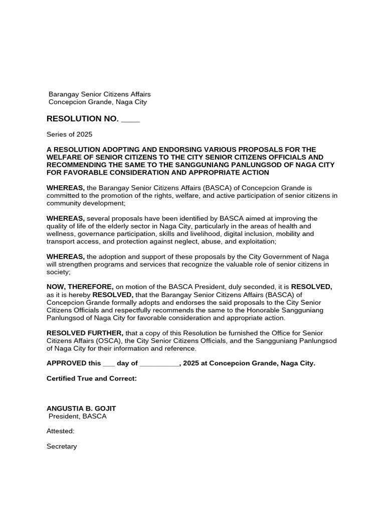 Naga City Senior Citizens Welfare Resolution | PDF