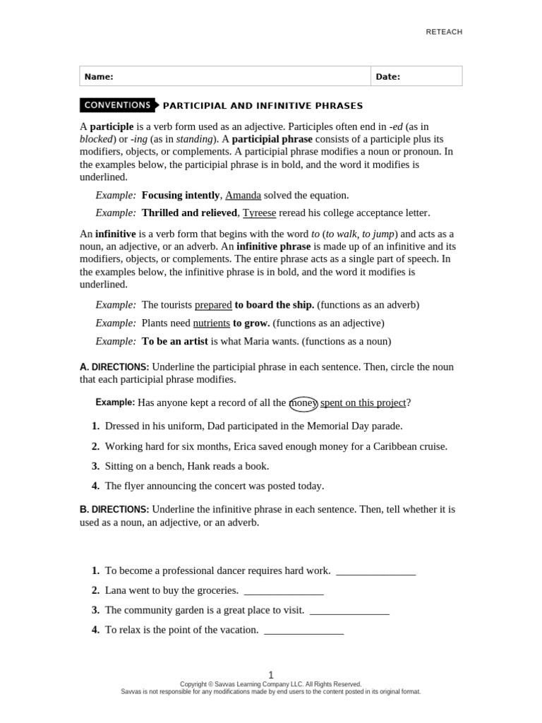 Participial and Infinitive Phrases Guide | PDF | Adjective | Verb