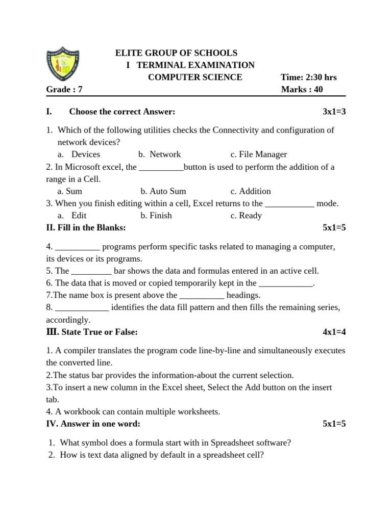Grade 7 Computer Science Exam Guide | PDF | Microsoft Excel | Spreadsheet