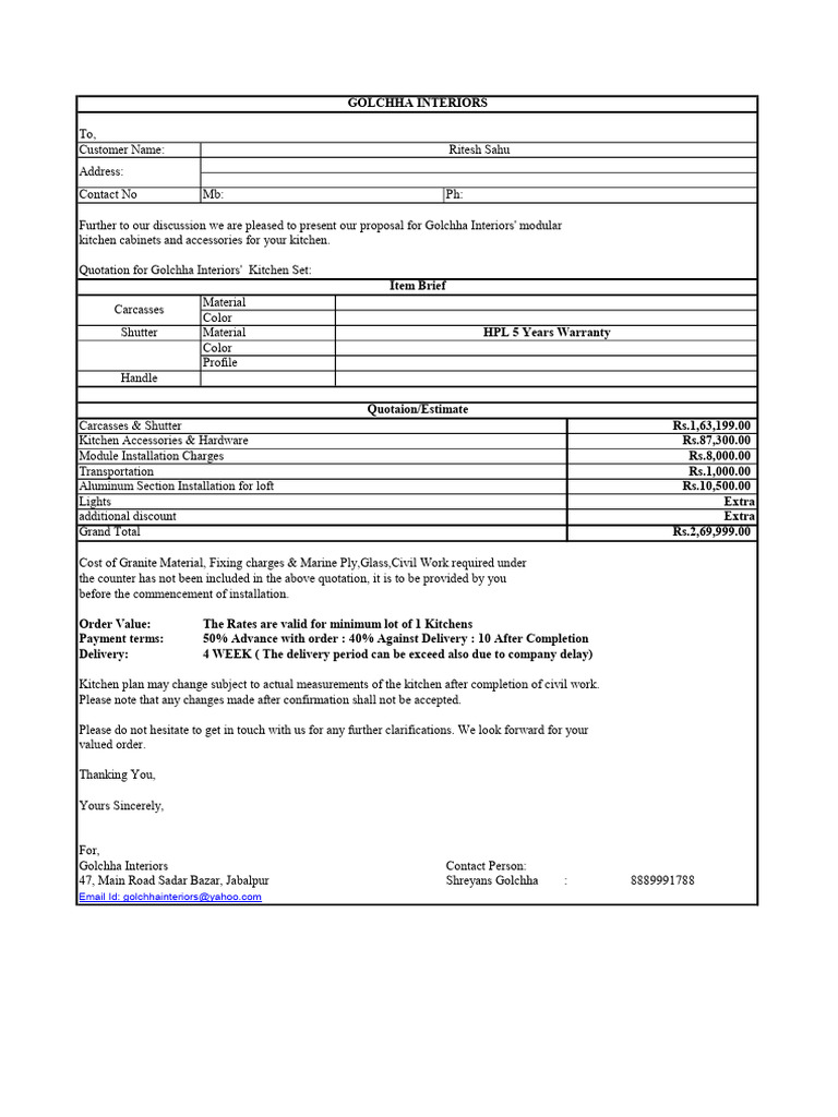 Golchha Interiors Kitchen Cabinet Proposal | PDF