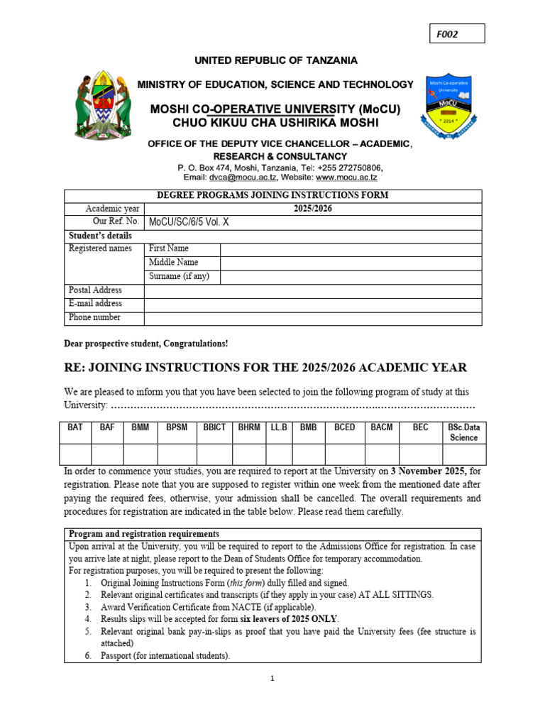 Joining Instructions Form For Degree Programmes 2025 2026 | PDF ...