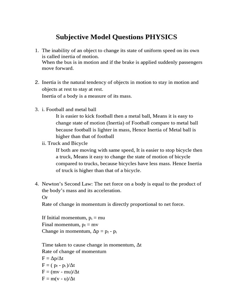 Subjective Model Questions PHYSICS | PDF | Force | Tension (Physics)