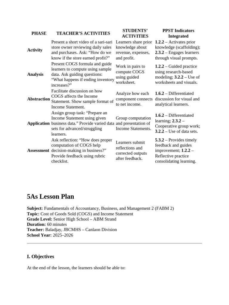 COGS and Income Statement Lesson Plan | PDF | Learning | Income Statement