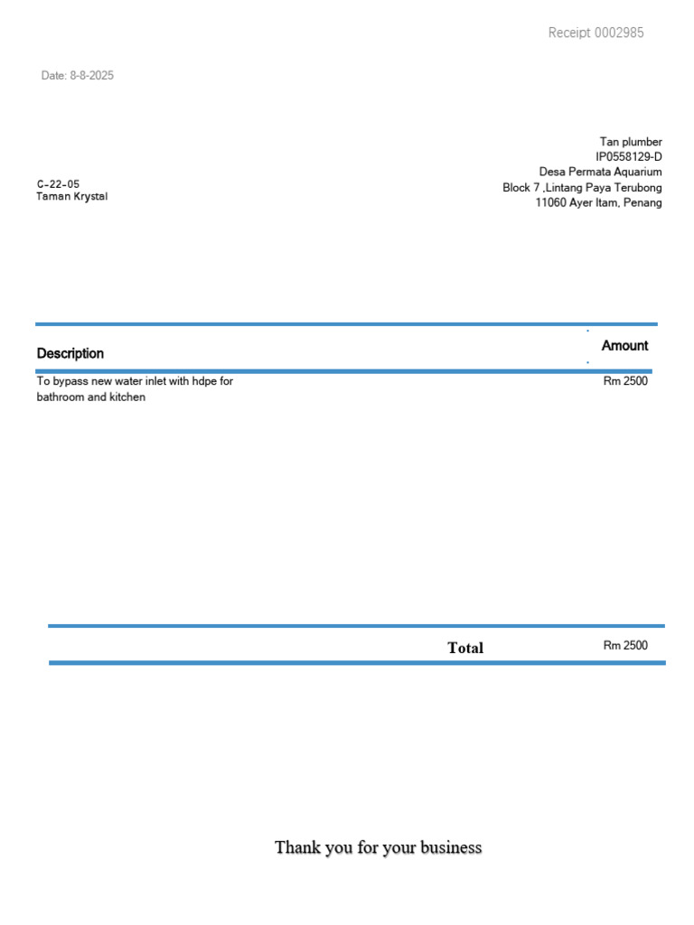 HDPE Water Inlet Installation Receipt | PDF