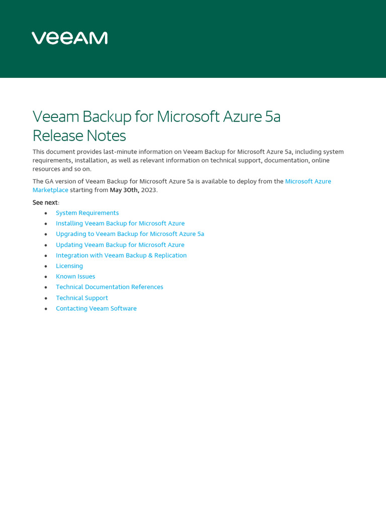 Veeam Backup for Azure 5a Release Notes | PDF | Backup | Microsoft Azure