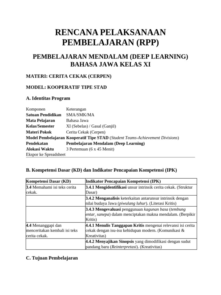 RPP Deep Learning Cerita Cekak Kelas XI | PDF