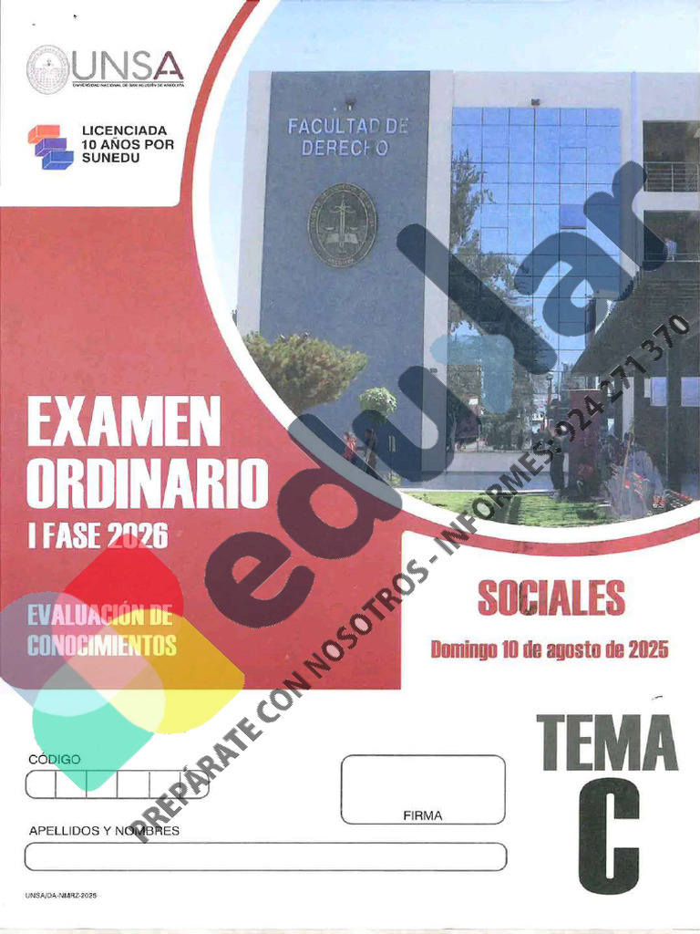 Examen de Admisión Ordinario UNSA Sociales I Fase 2026 | PDF