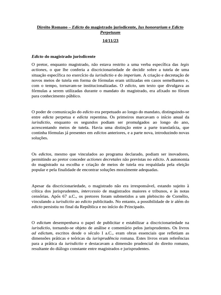 Edicto Do Magistrado Jurisdicente, Ius Honorarium e Edicto Perpetuum ...