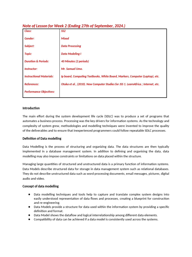 Data Modeling Lesson Plan for SS2 | PDF | Data Model | Databases