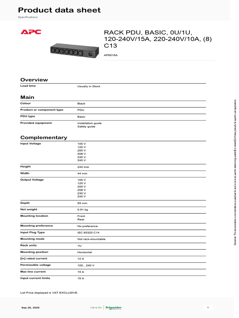Schneider Electric APC NetShelter Basic Rack PDUs AP6015A (1) 716cbc03 ...