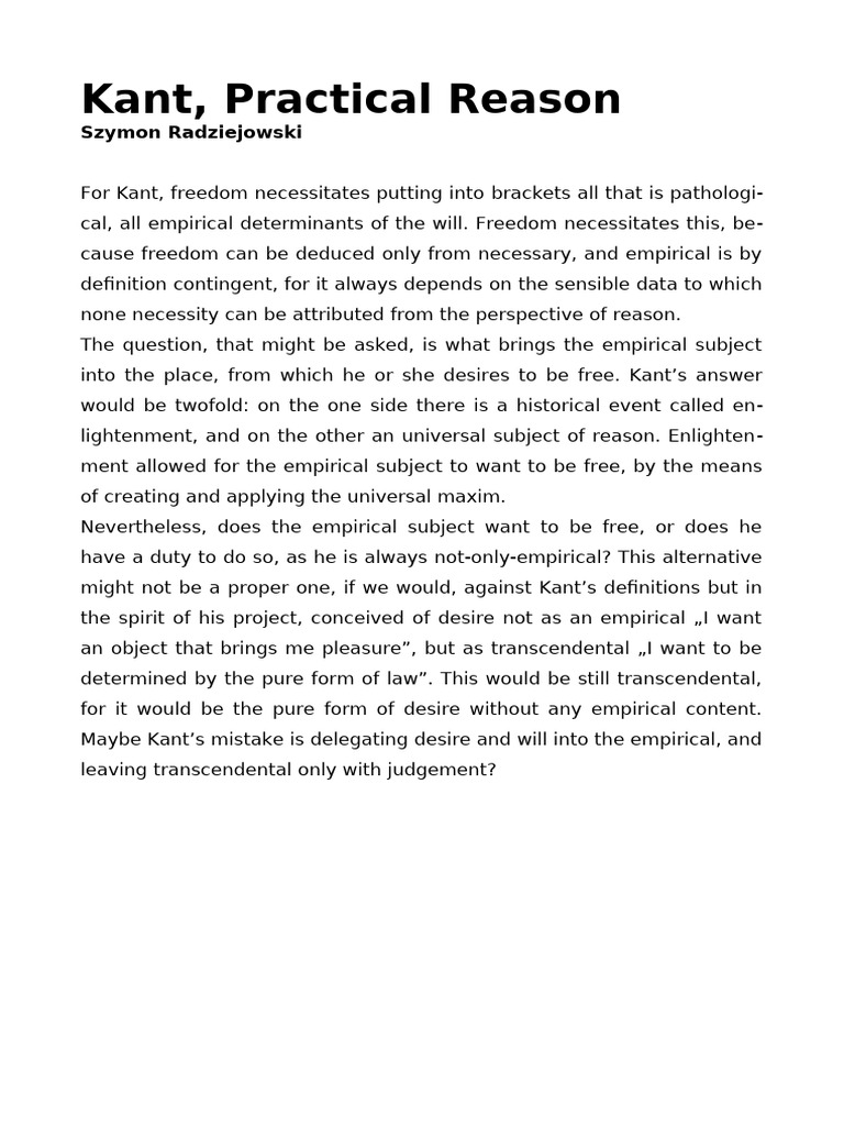 Kant, Practical Reason, Szymon Radziejowski | PDF