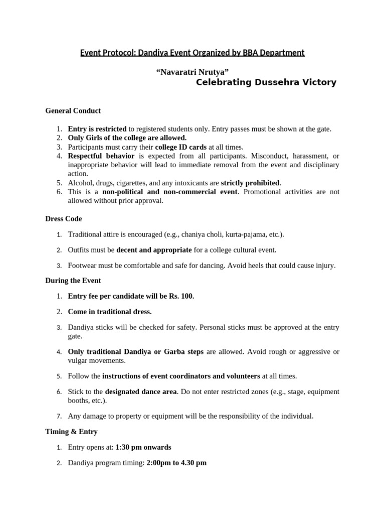 Dandiya Event Protocol for BBA Students | PDF