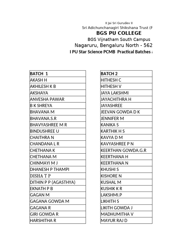 BGS PU College First PUC Practical Timetable | PDF