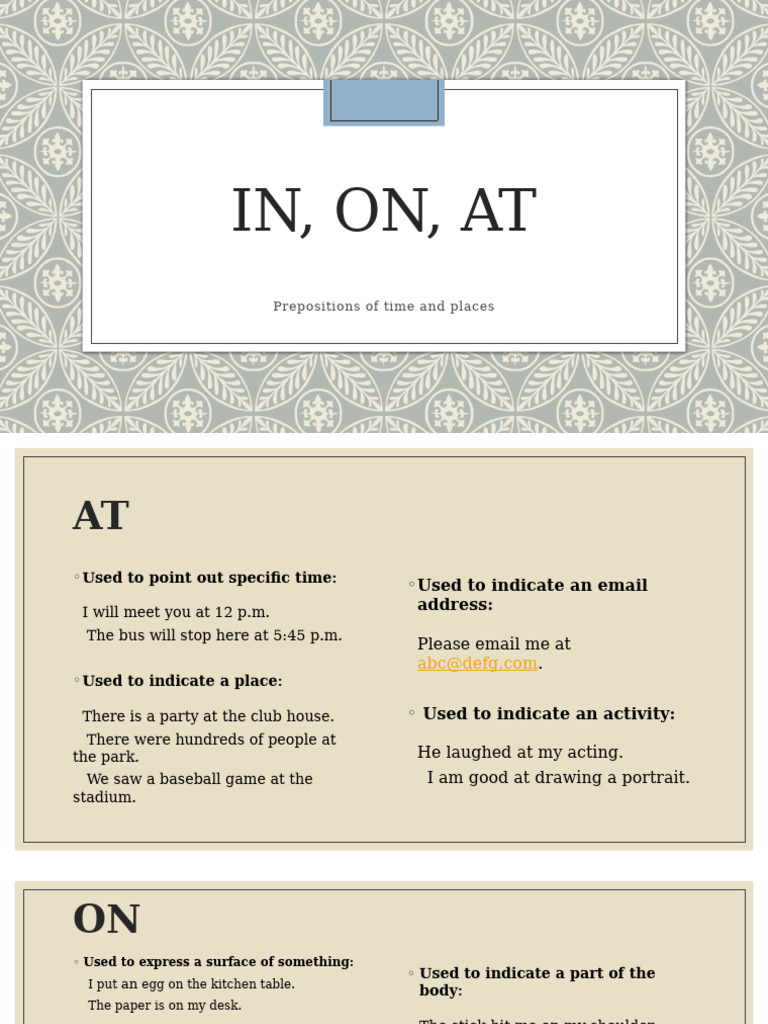 Prepositions of Time and Place Explained | PDF