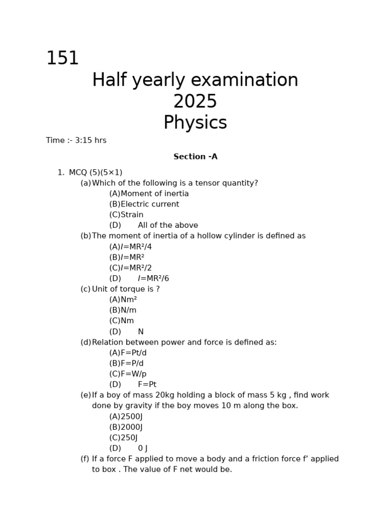 2025 Half-Year Physics Exam Paper | PDF | Rotation Around A Fixed Axis ...