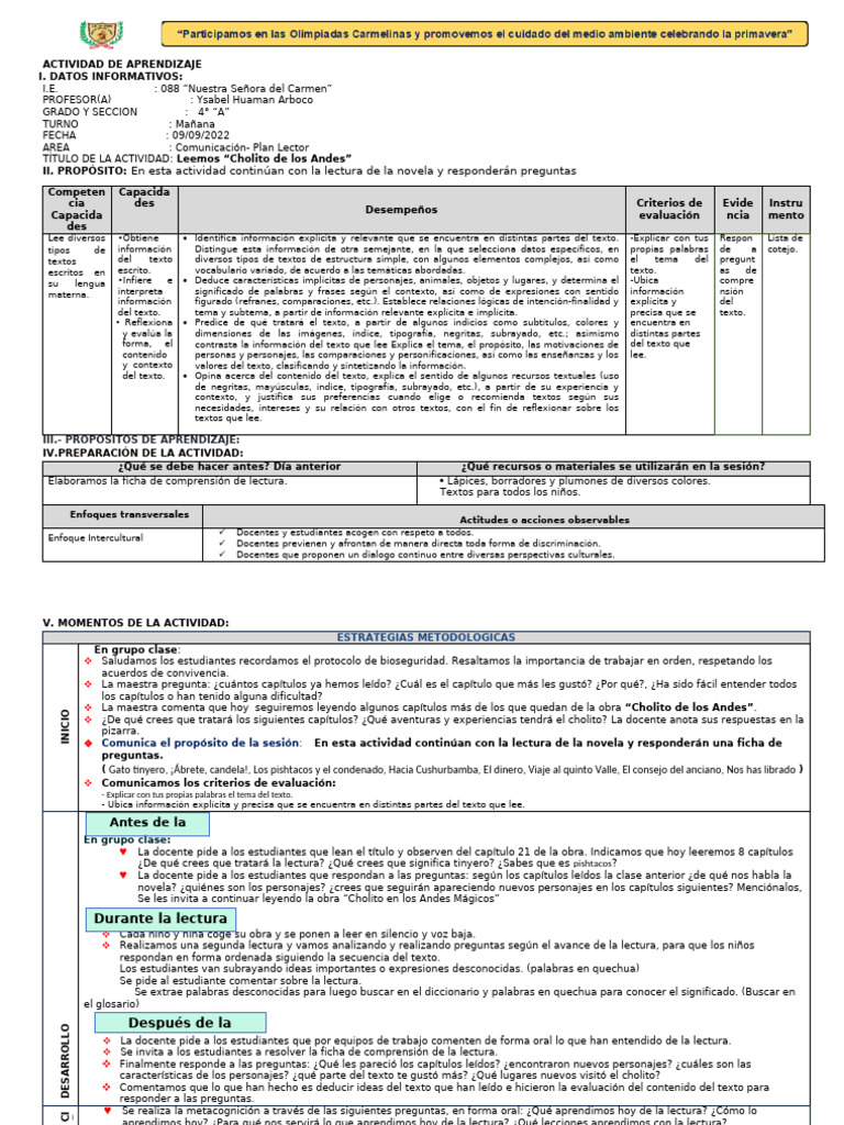 Sesion Plan Lector 09 Setiembre | PDF | Enseñando | Aprendizaje
