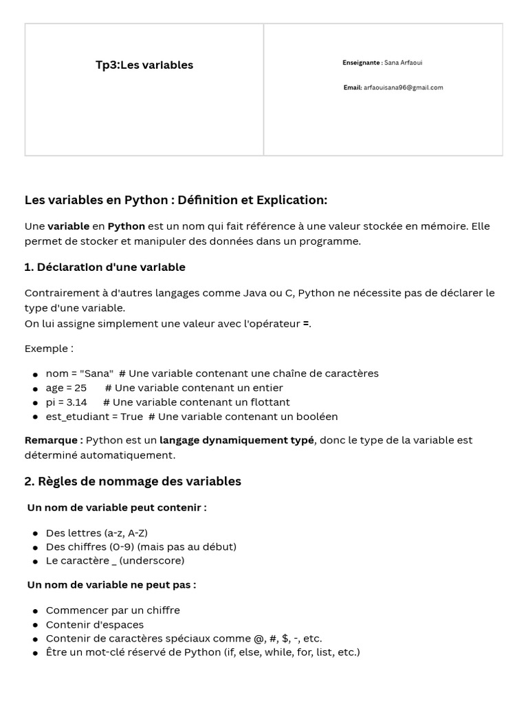 Introduction aux variables en Python | PDF | Variable (informatique ...