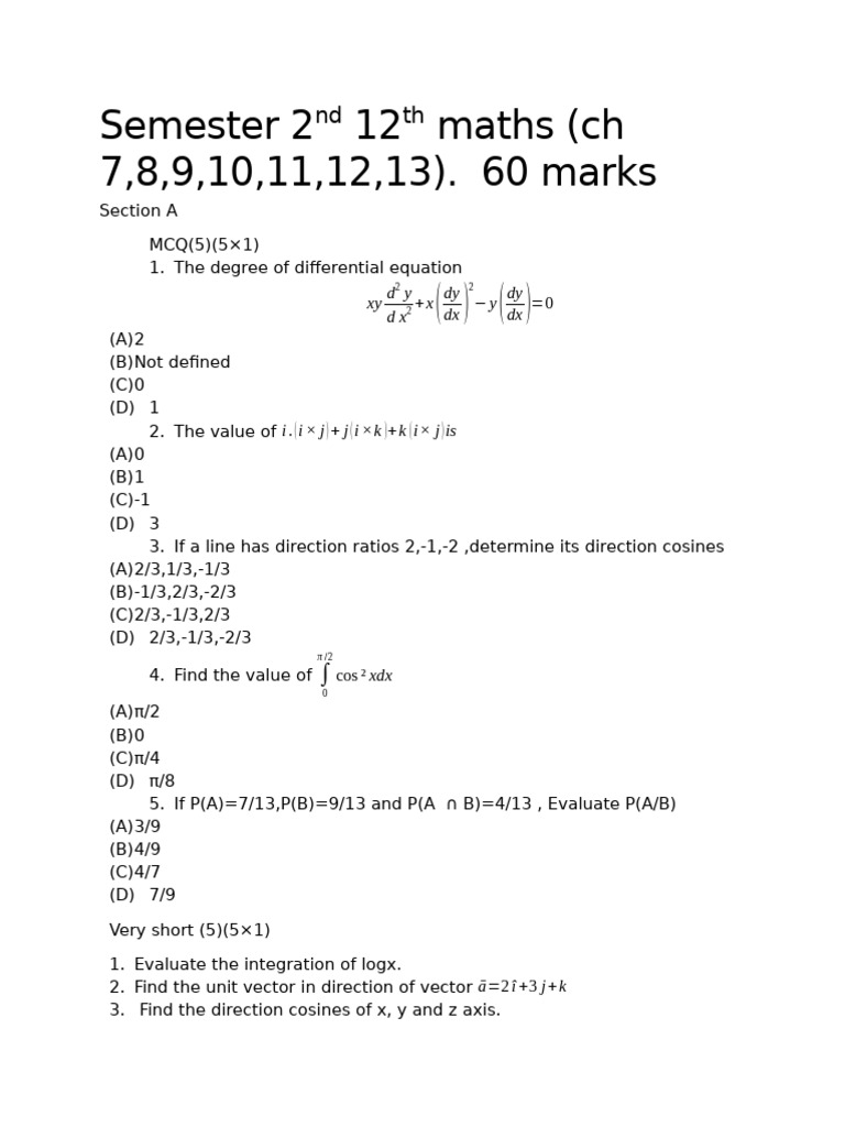 12th Grade Maths Semester 2 Exam Guide | PDF | Mathematical Concepts ...