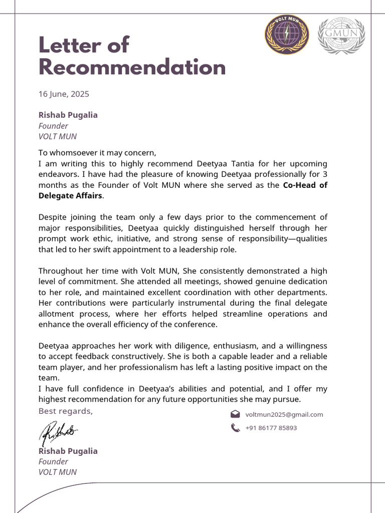 Volt MUN Recommendation Letters | PDF | Leadership | Social Psychology
