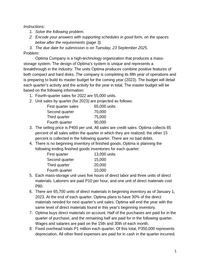 Optima Company 2023 Master Budget Plan | PDF | Expense | Balance Sheet
