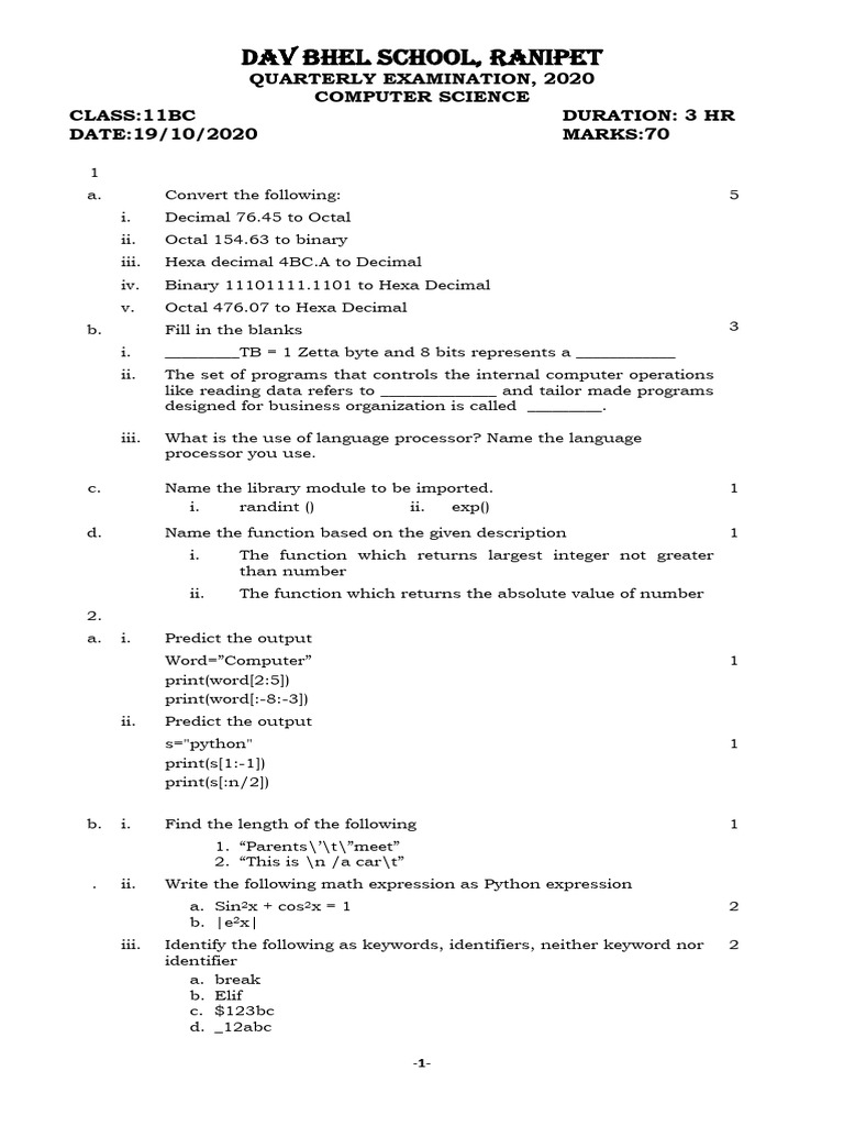 Class 11 Computer Science Exam Paper | PDF | Decimal | Integer ...