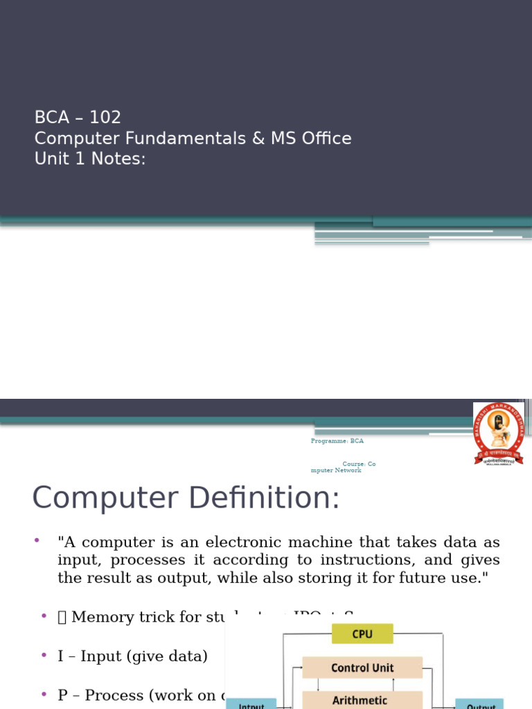 BCA - 102 Computer Fundamentals & MS Office First UNIT NOTES | PDF ...