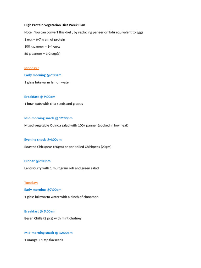 High Protein Vegetarian Meal Plan | PDF | Lunch | Chickpea