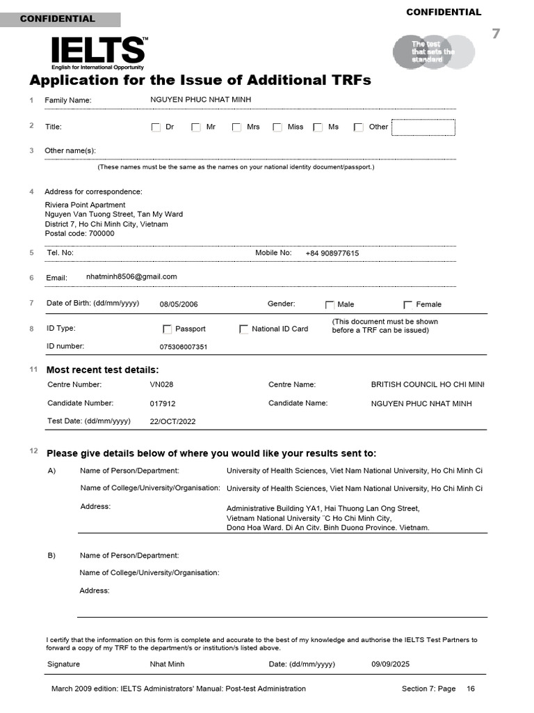 IELTS Additional TRF Application Form | PDF | Authentication ...