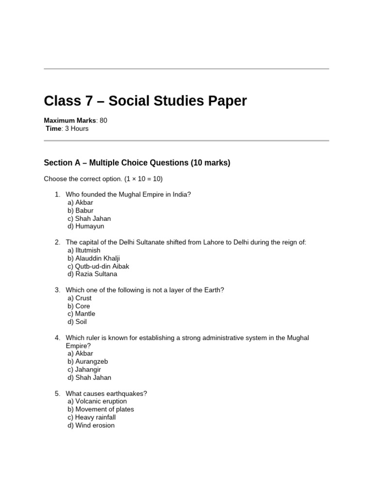 Class 7 - Social Studies Paper | PDF | Mughal Empire | Earth