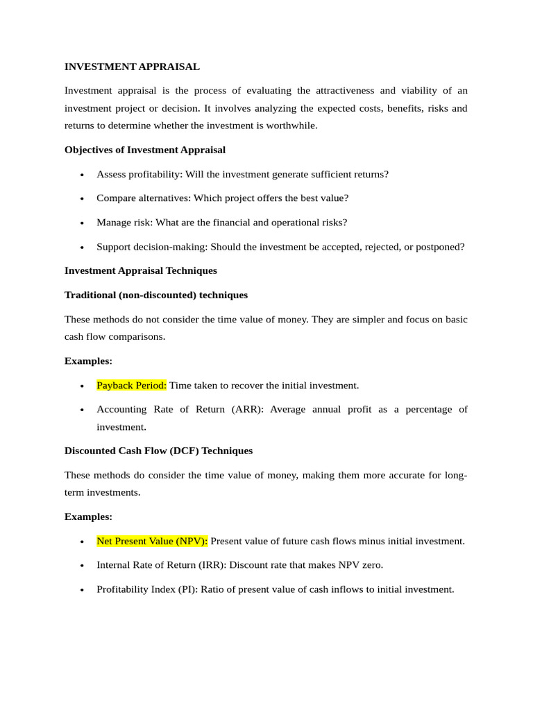 Investment Appraisal Techniques Explained | PDF | Capital Budgeting ...