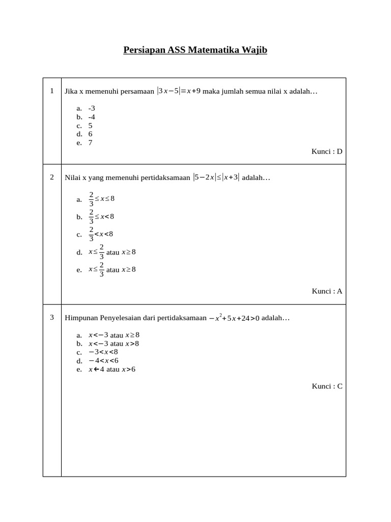 Soal Persiapan ASS Matematika Wajib | PDF
