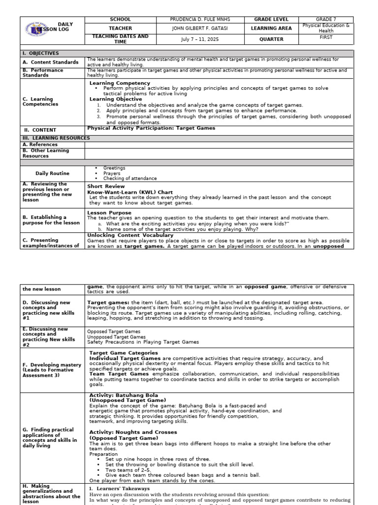 Grade 7 Target Games Lesson Plan | PDF | Learning | Physical Education