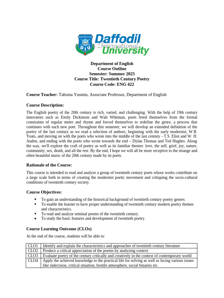 Twentieth Century Poetry Course Outline | PDF | Poetry