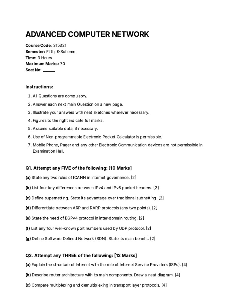 Advanced Computer Network Exam Paper | PDF | Computer Network ...