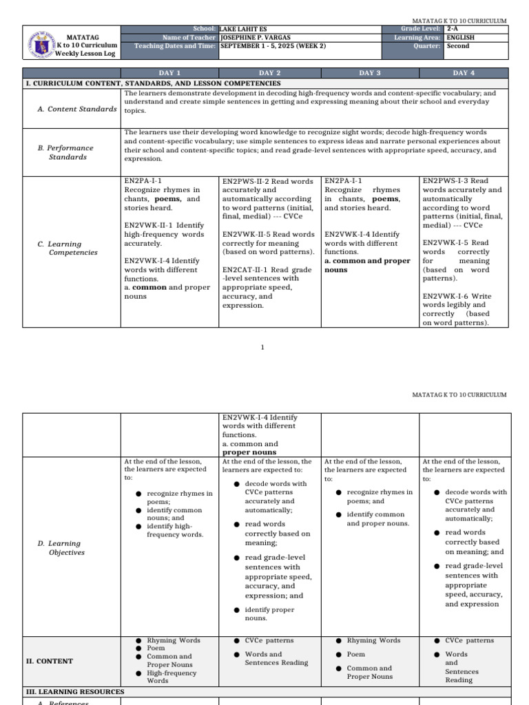 English 2 Week 2 Lesson Plan | PDF | Consonant | Word