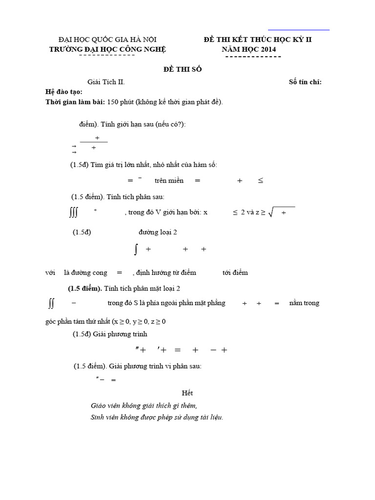 De Thi Giai Tich 2 de So 2 Ky 2 Nam Hoc 2014 2015 - UET | PDF