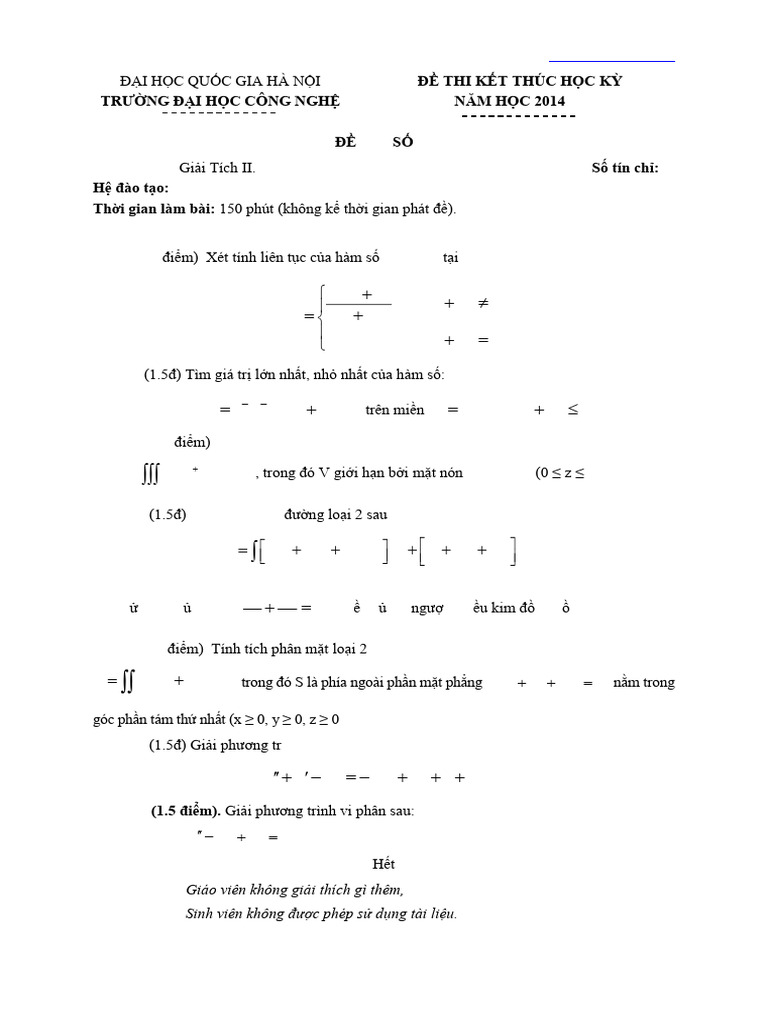 De Thi Giai Tich 2 de So 1 Ky 2 Nam Hoc 2014 2015 - UET | PDF