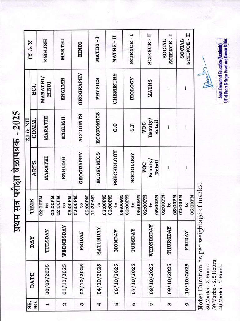 First Term Exam - 2025 Time Table (MM) - 0001 | PDF