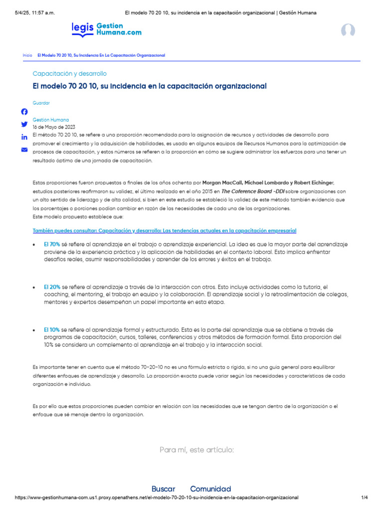 El Modelo 70 20 10, Su Incidencia en La Capacitación Organizacional ...